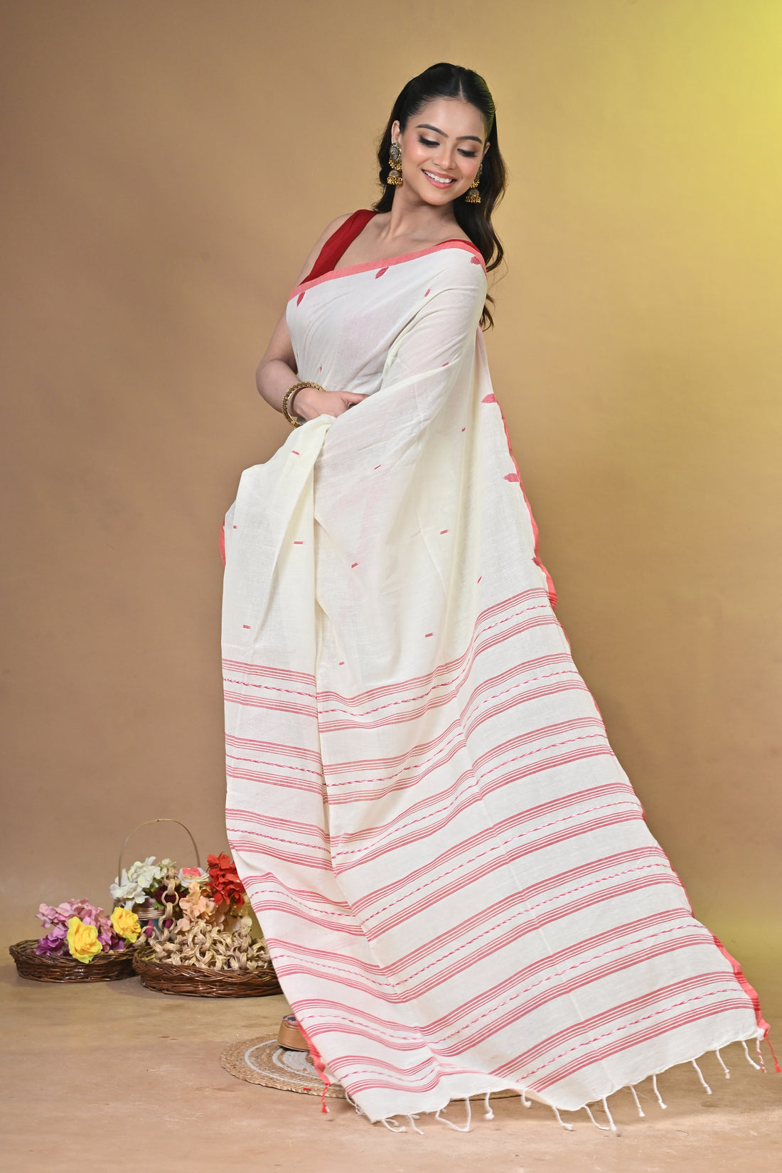 Classic Ivory Handloom Khadi Cotton Saree with Red Woven Stripes