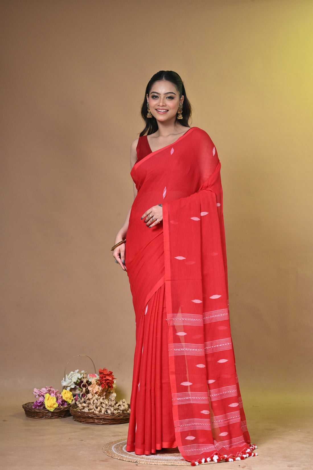 Red Pure Cotton Handloom Saree with Traditional Buti Motifs and Striped Pallu