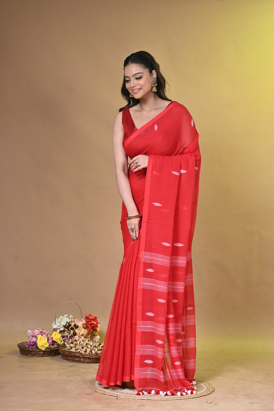 Red Pure Cotton Handloom Saree with Traditional Buti Motifs and Striped Pallu
