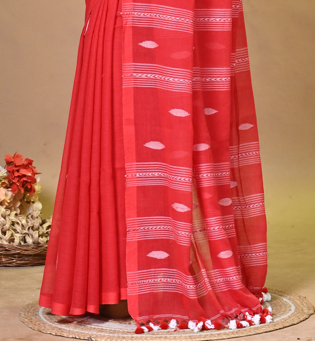 Red Pure Cotton Handloom Saree with Traditional Buti Motifs and Striped Pallu