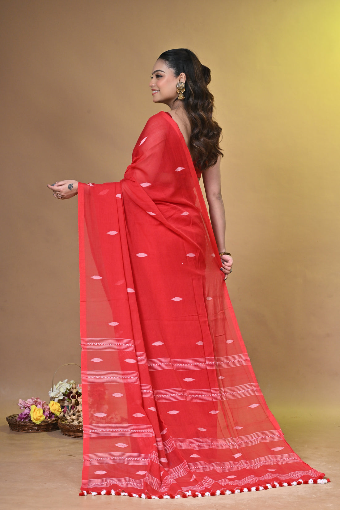 Red Pure Cotton Handloom Saree with Traditional Buti Motifs and Striped Pallu