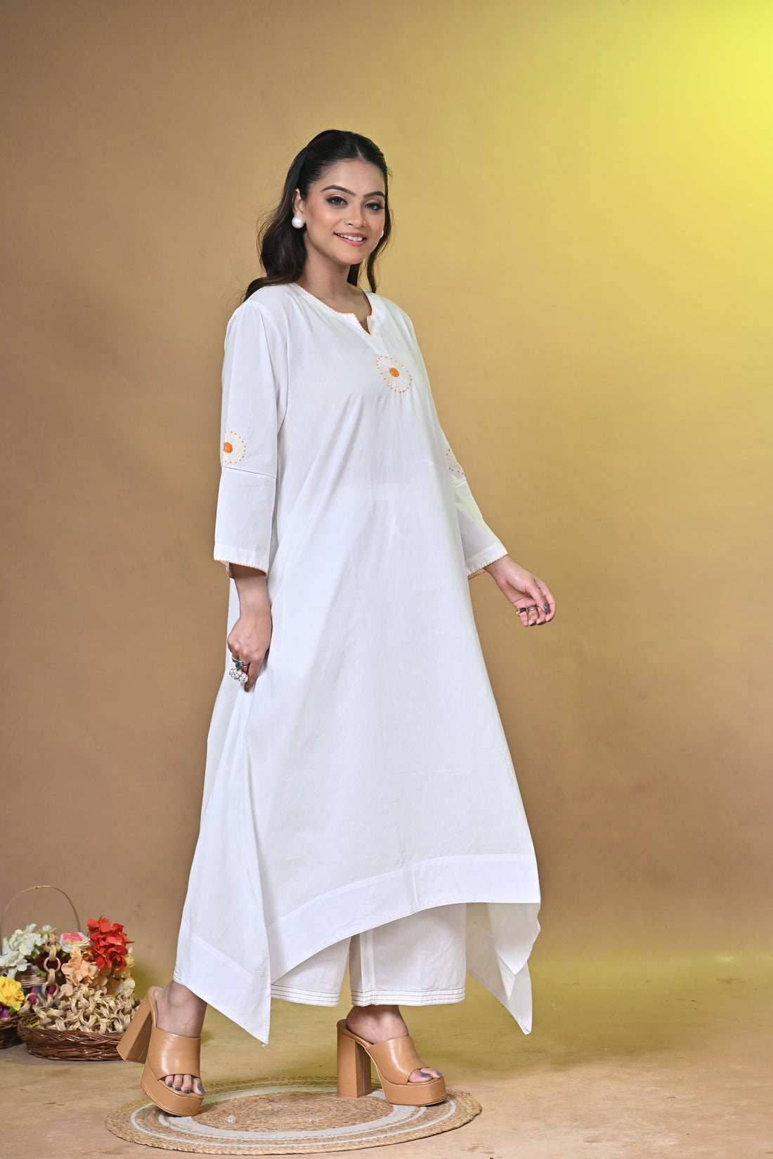 Surajmukhi Cotton Kurta Set with Santhali Hand Embroidery – White