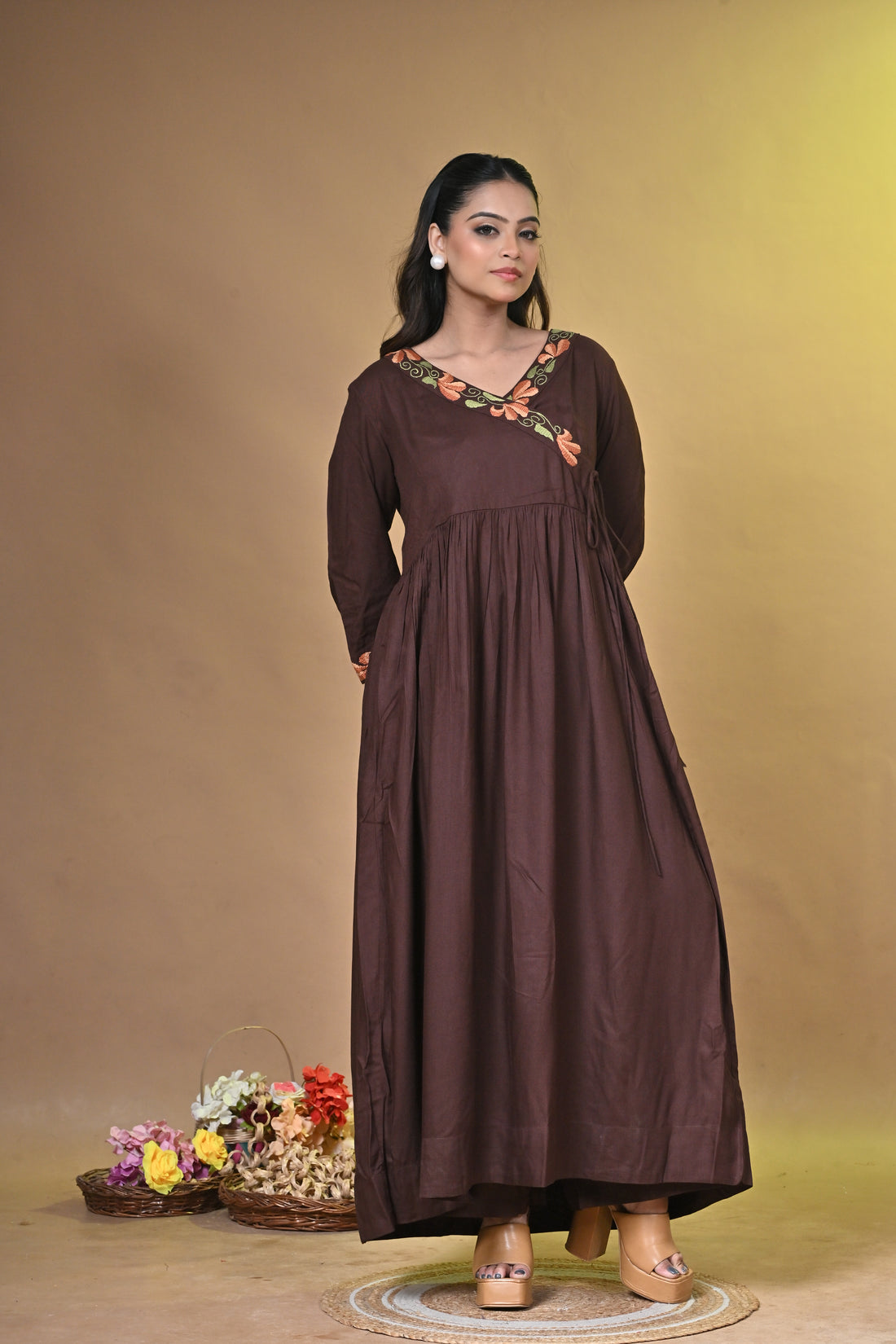 Brown Cotton Kurta Set with Elegant Santhali Embroidery