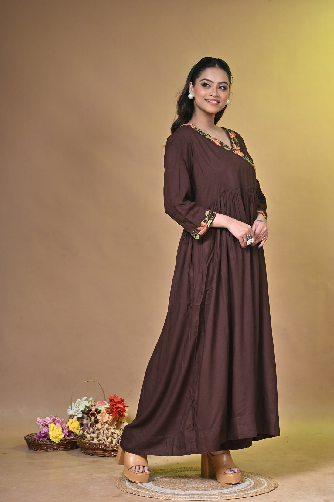 Brown Cotton Kurta Set with Elegant Santhali Embroidery