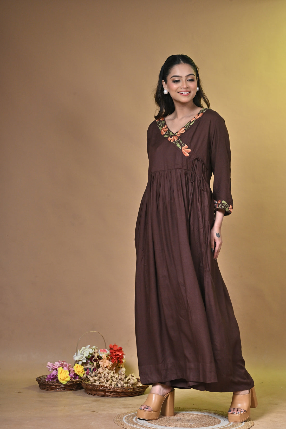 Brown Cotton Kurta Set with Elegant Santhali Embroidery