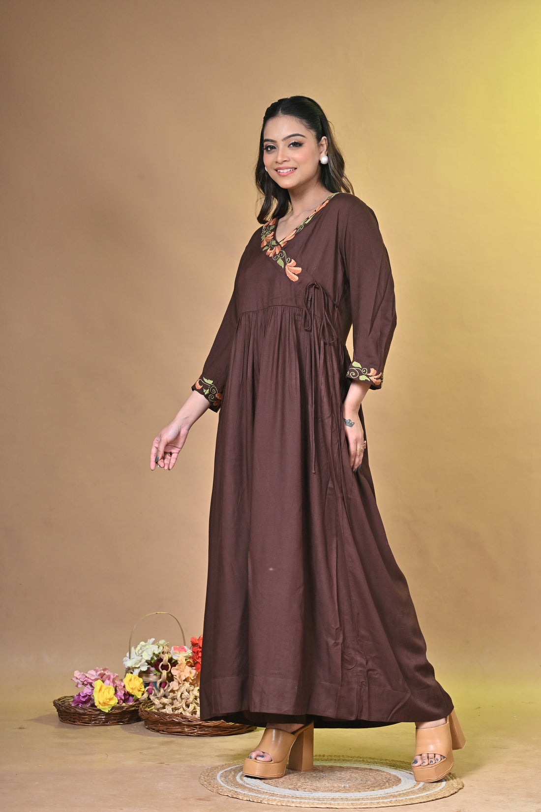 Brown Cotton Kurta Set with Elegant Santhali Embroidery
