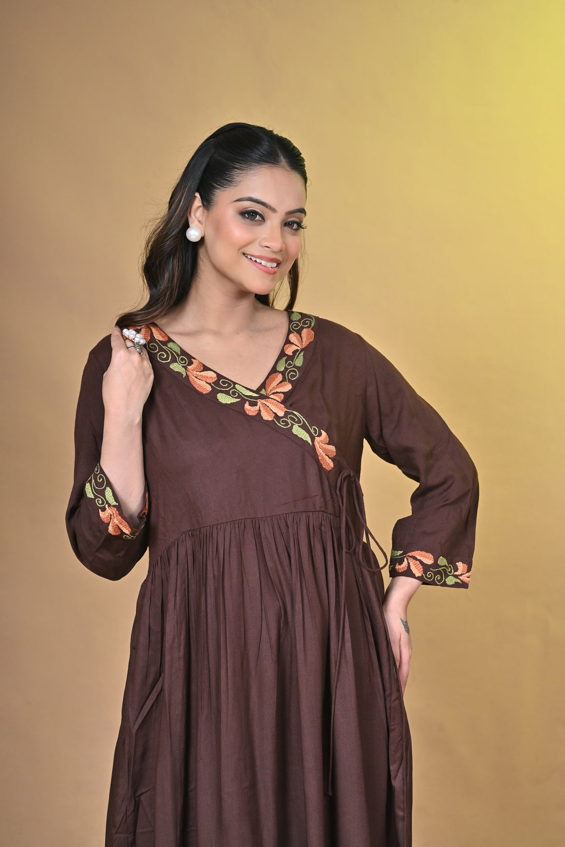 Brown Cotton Kurta Set with Elegant Santhali Embroidery