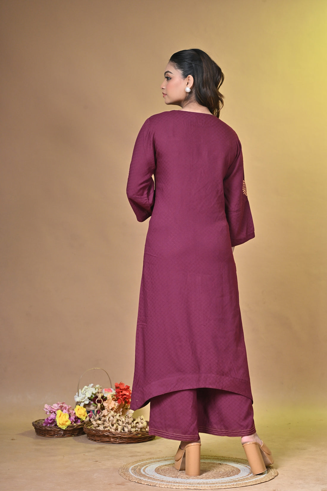 Maroon Kurta Set with Peacock Santhali Embroidery