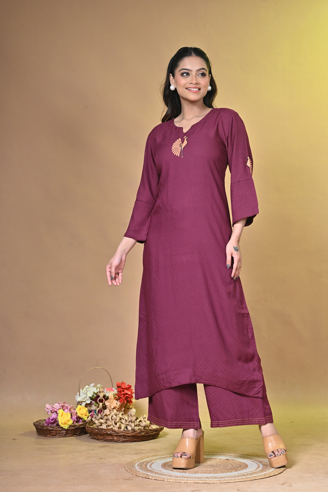 Maroon Kurta Set with Peacock Santhali Embroidery