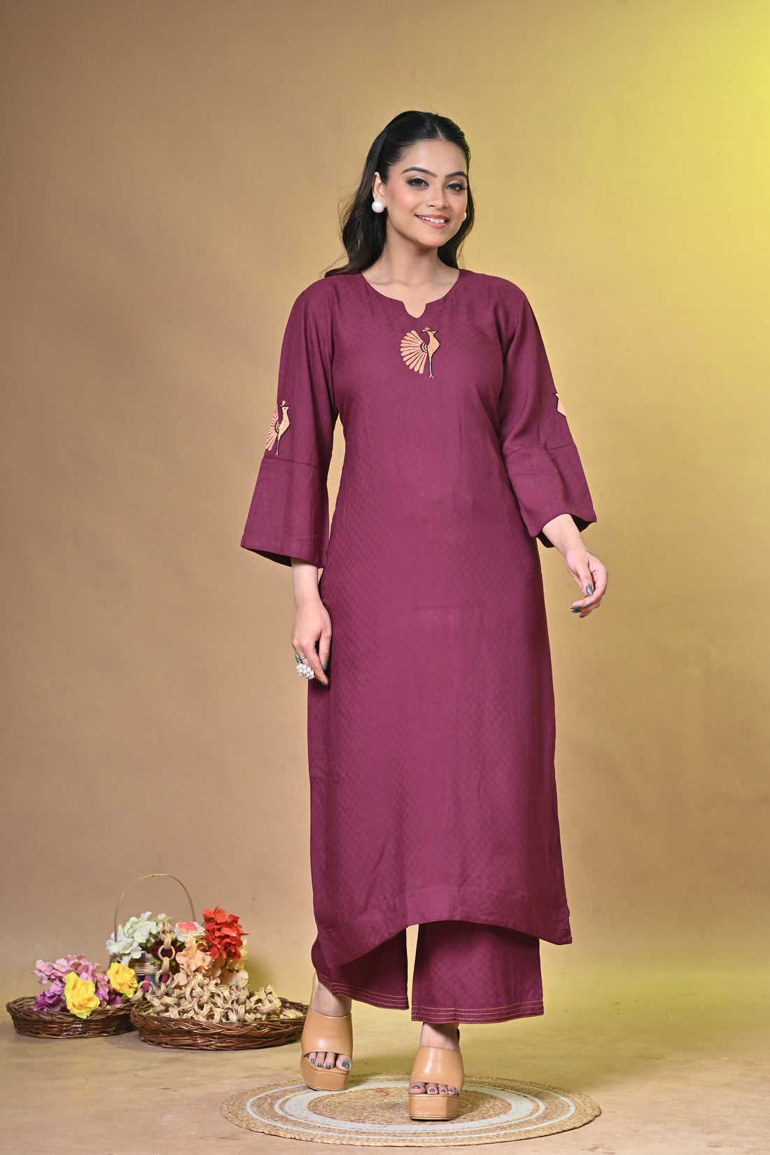 Maroon Kurta Set with Peacock Santhali Embroidery