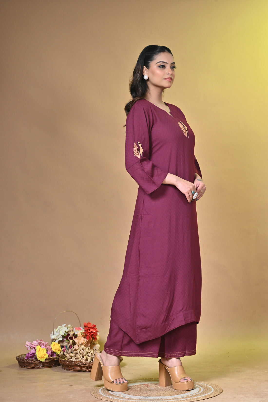 Maroon Kurta Set with Peacock Santhali Embroidery
