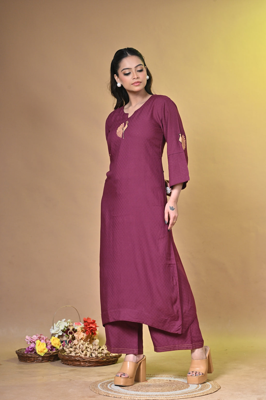 Maroon Kurta Set with Peacock Santhali Embroidery
