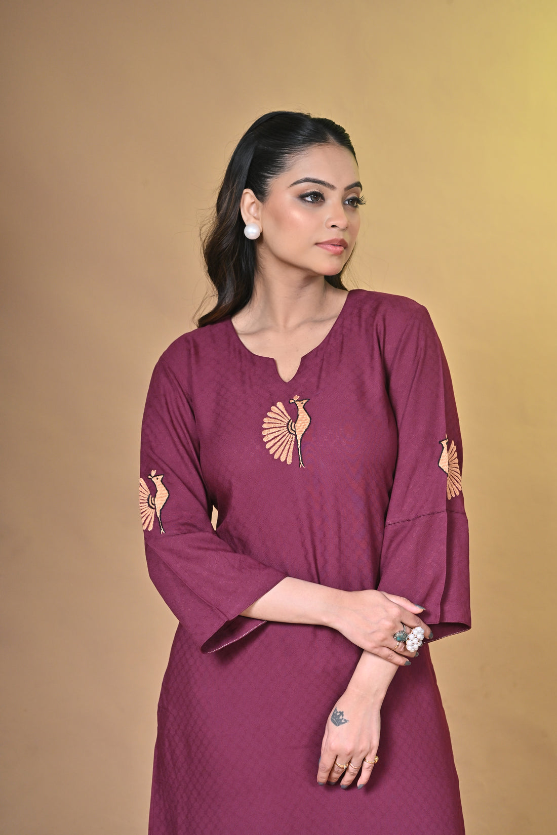 Maroon Kurta Set with Peacock Santhali Embroidery
