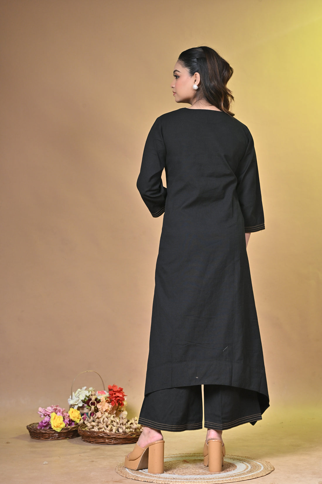 Midnight Sparrow Black Kurta Set with Santhali Hand Embroidery