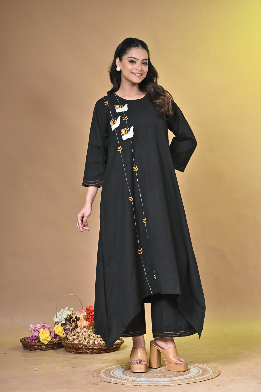 Midnight Sparrow Black Kurta Set with Santhali Hand Embroidery
