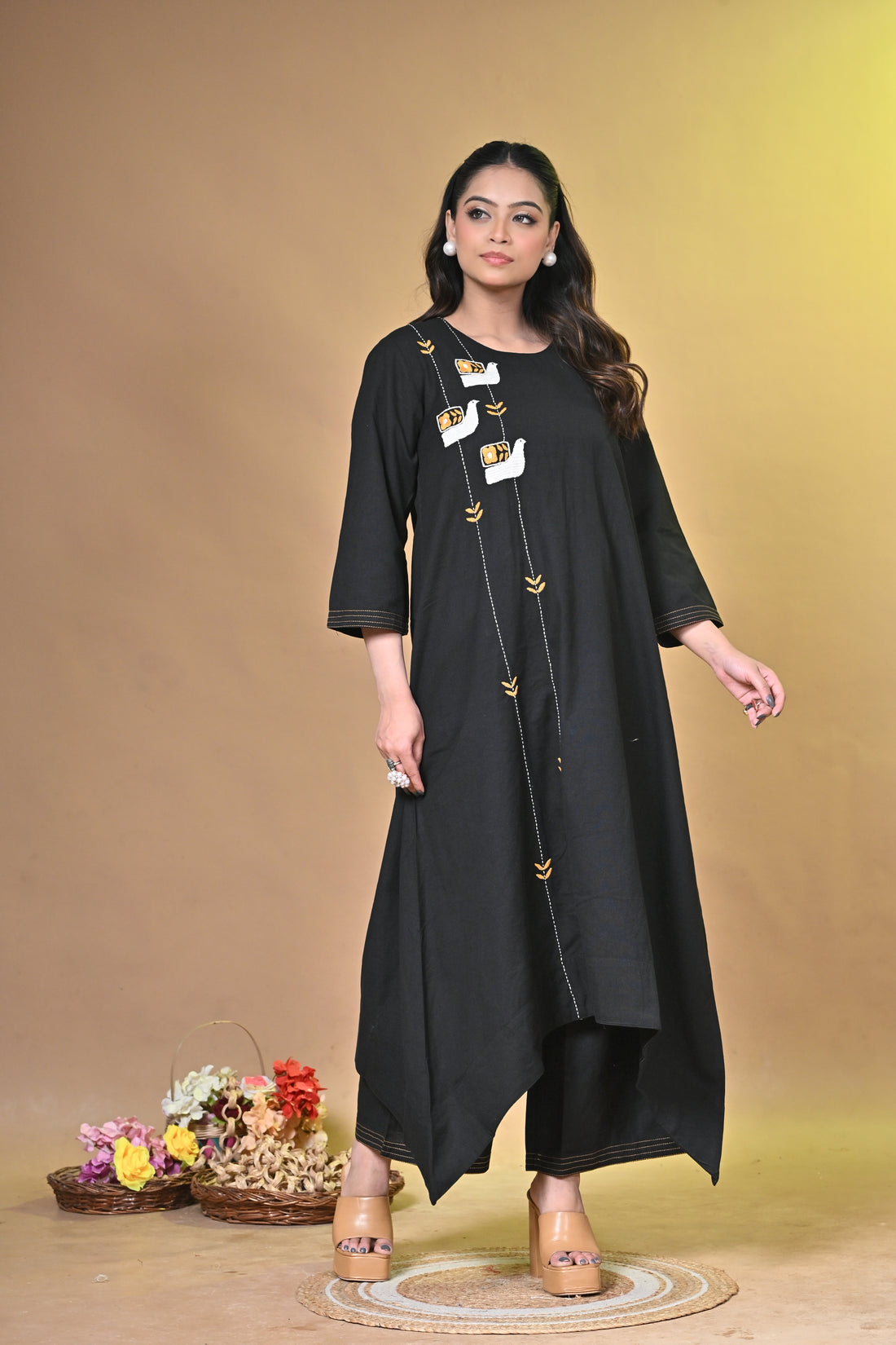 Midnight Sparrow Black Kurta Set with Santhali Hand Embroidery