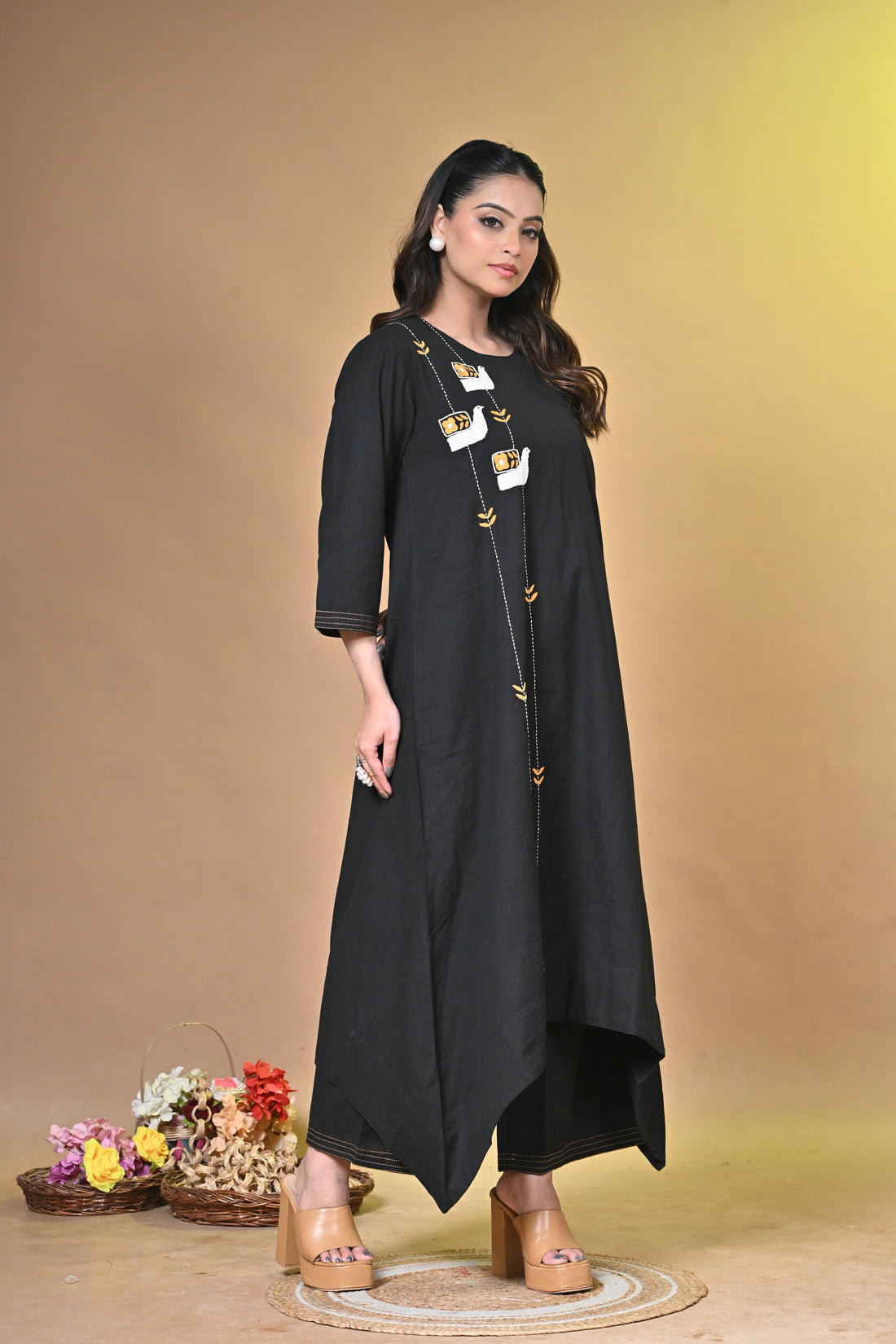 Midnight Sparrow Black Kurta Set with Santhali Hand Embroidery