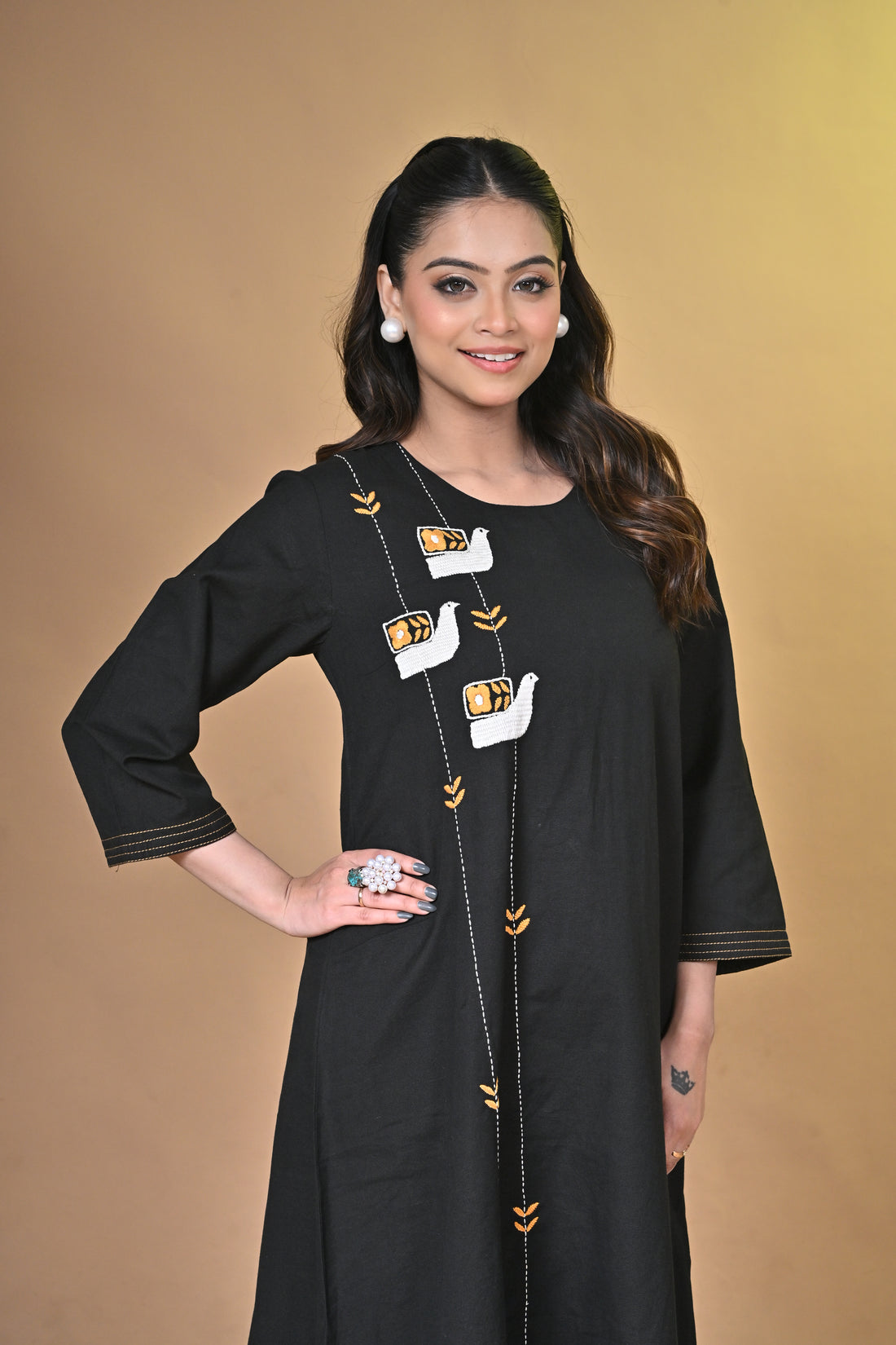 Midnight Sparrow Black Kurta Set with Santhali Hand Embroidery