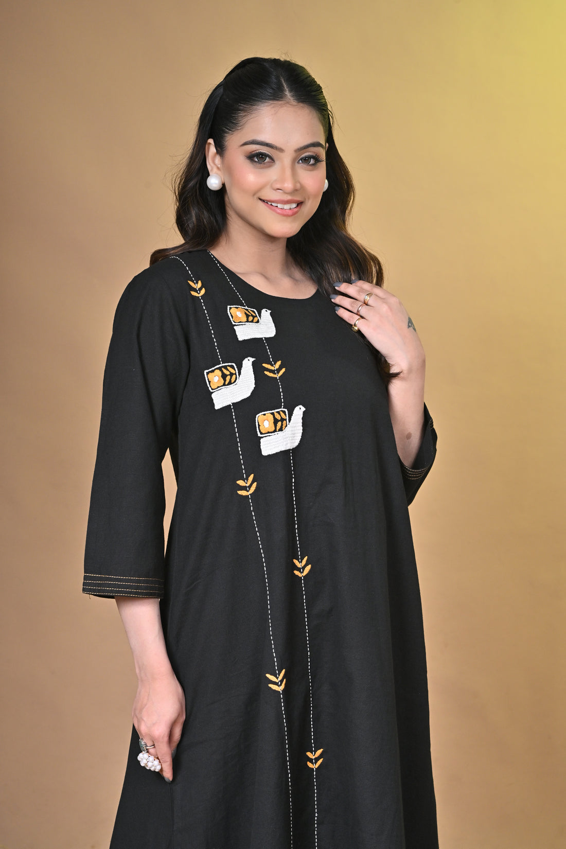 Midnight Sparrow Black Kurta Set with Santhali Hand Embroidery