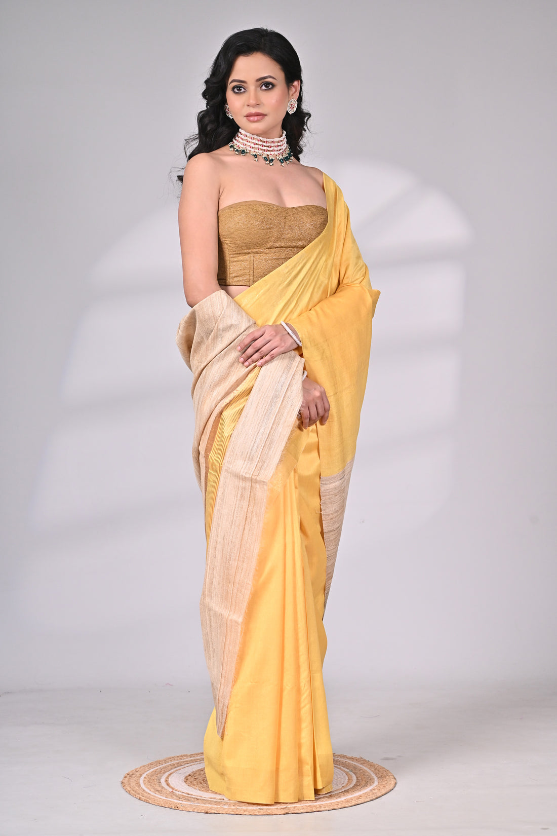 Yellow Tussar Staple Handloom Saree with Contrast Beige Pallu