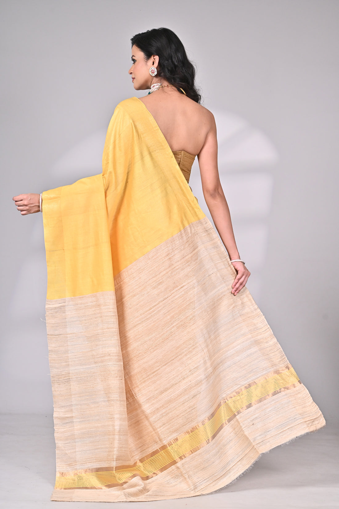 Yellow Tussar Staple Handloom Saree with Contrast Beige Pallu