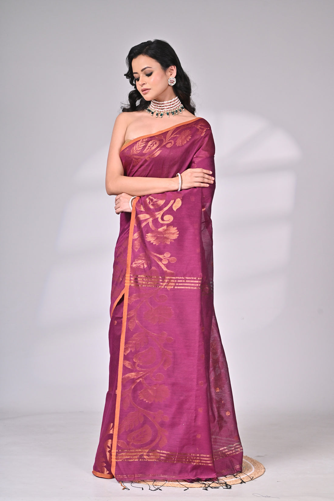 Wine Cotton Silk Saree with Golden Motifs