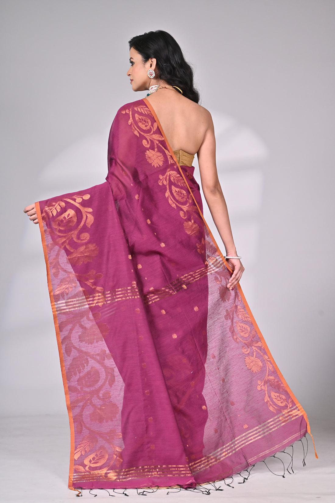 Wine Cotton Silk Saree with Golden Motifs