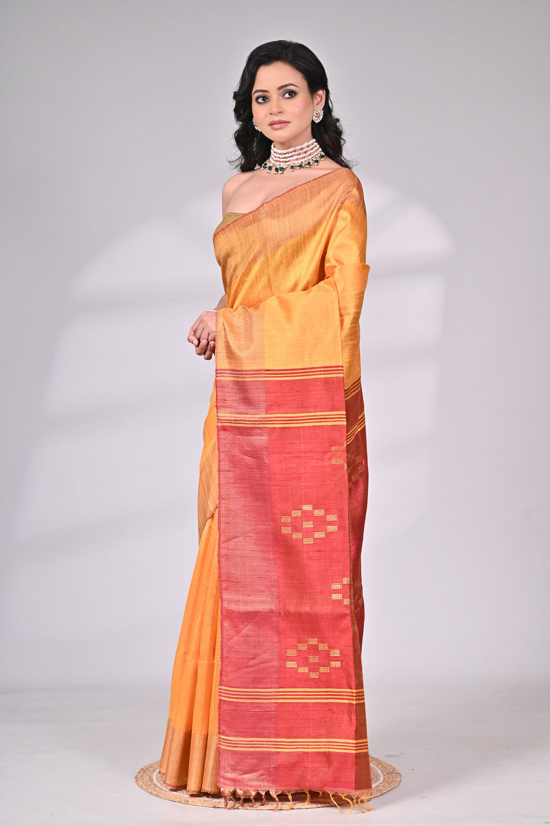 Mustard Handloom Dupion Silk Saree with Contrast Red Pallu