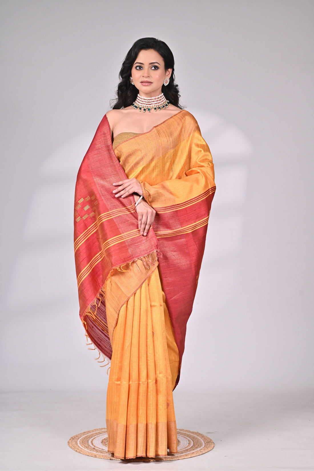 Mustard Handloom Dupion Silk Saree with Contrast Red Pallu
