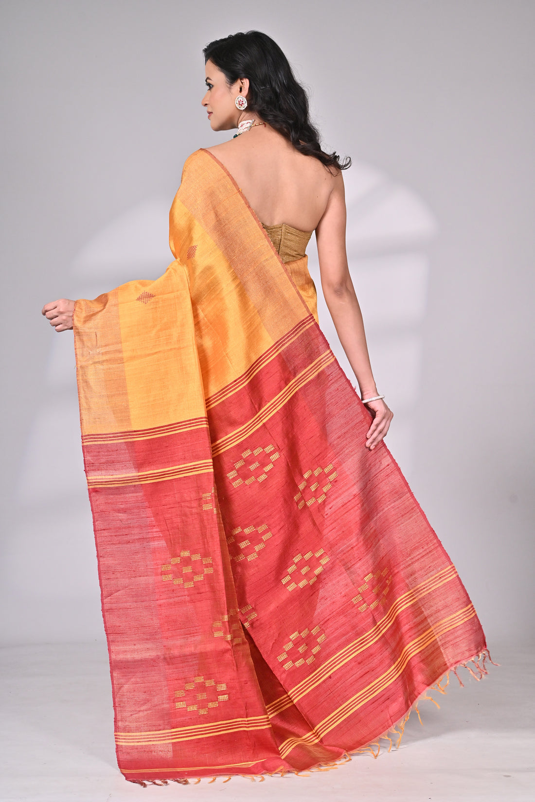 Mustard Handloom Dupion Silk Saree with Contrast Red Pallu