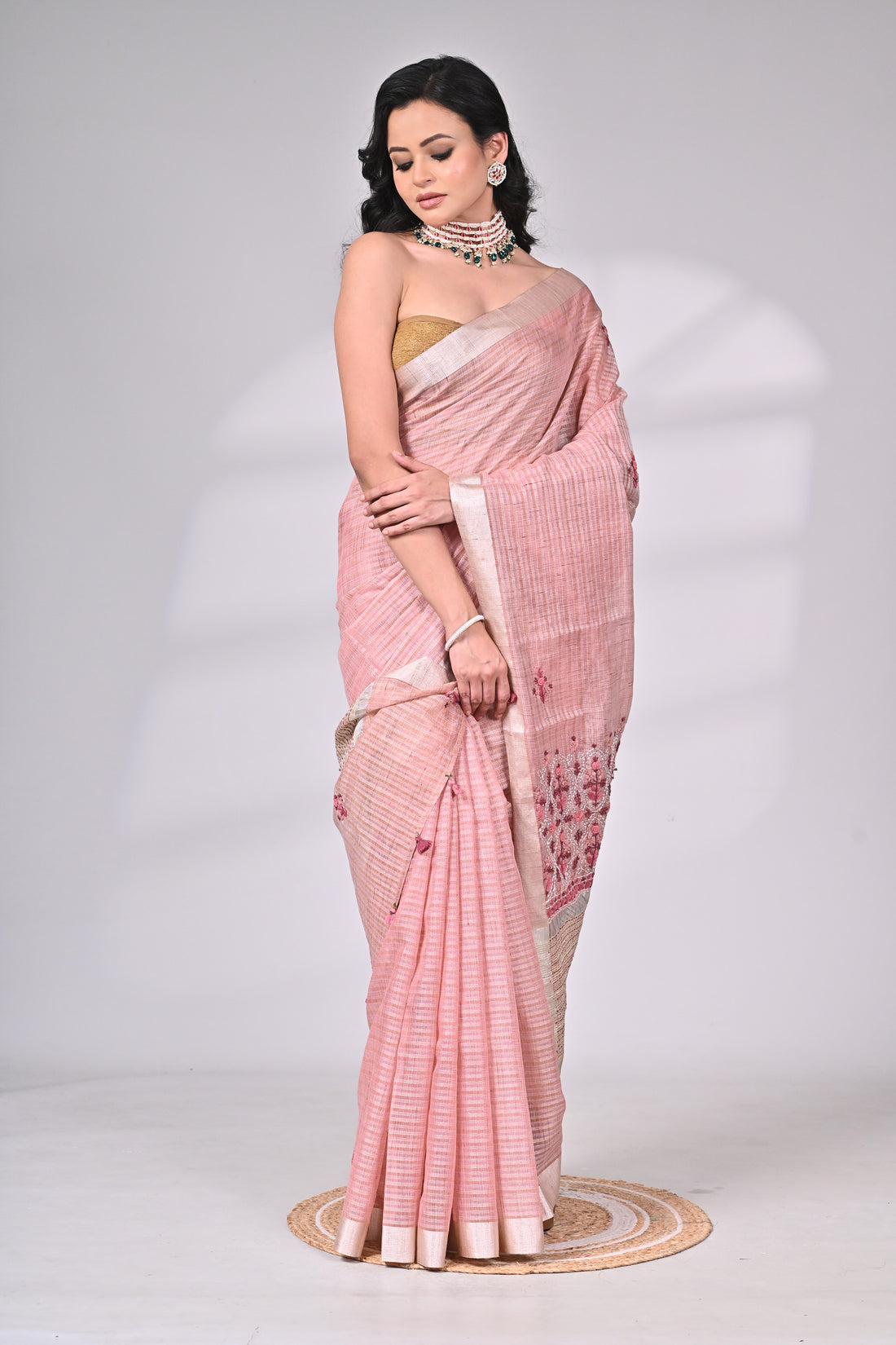 Blush Pink Linen Tissue Saree with Hand Embroidery