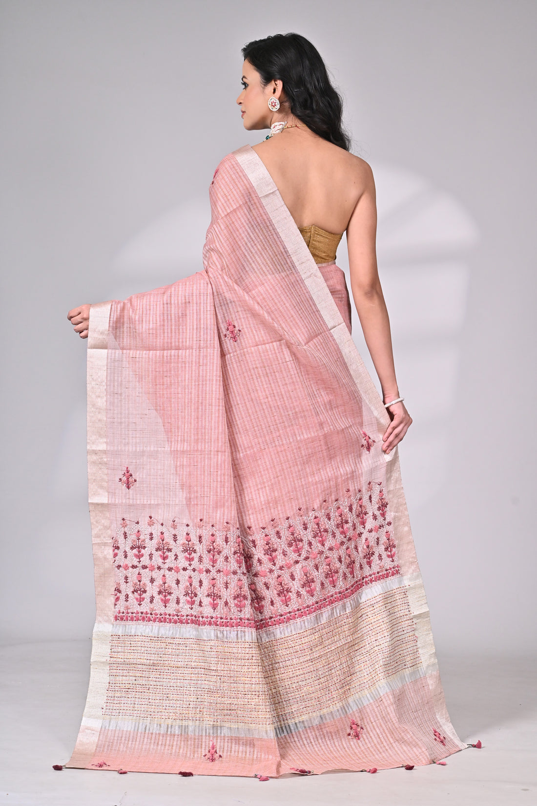 Blush Pink Linen Tissue Saree with Hand Embroidery