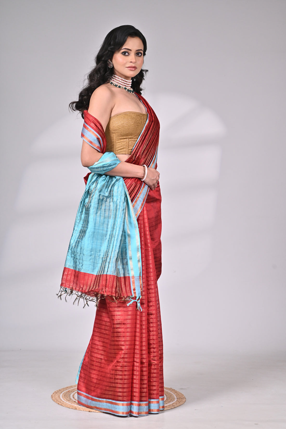 Red & Blue Handloom Dupion Silk Saree