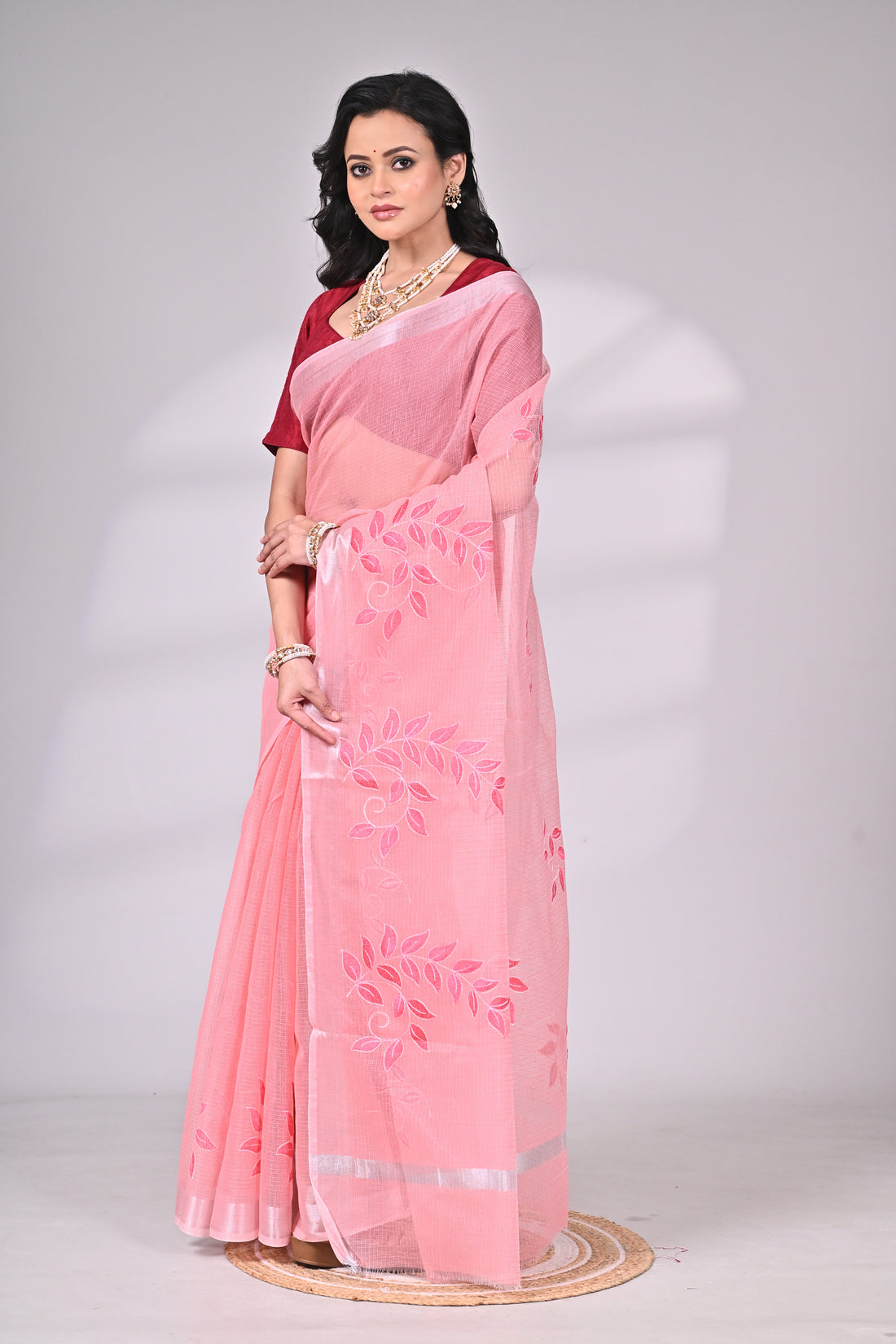 Pink Kota Doria Saree with Embroidery