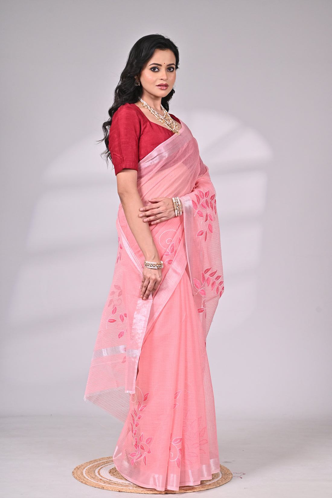 Pink Kota Doria Saree with Embroidery