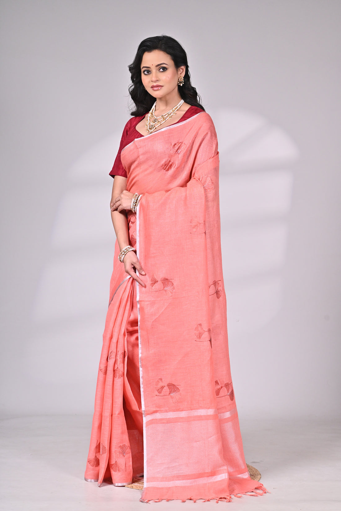 Peach Linen Saree with Embroidery