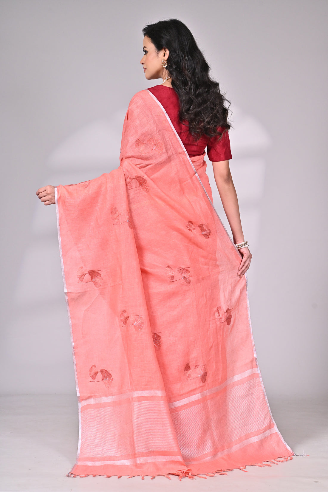 Peach Linen Saree with Embroidery