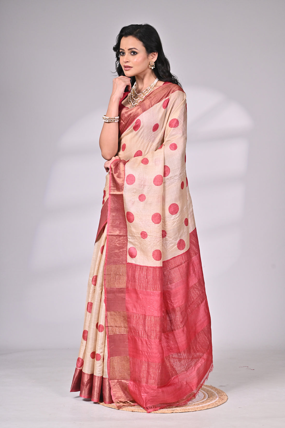 Ivory & Maroon Handloom Tussar Silk Saree with Polka Motifs