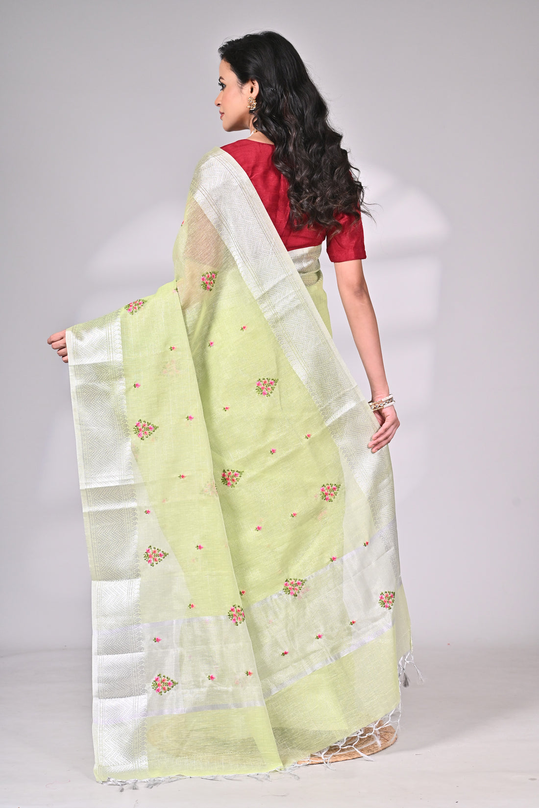 Pastel Green Kota Saree with Silver Zari Border