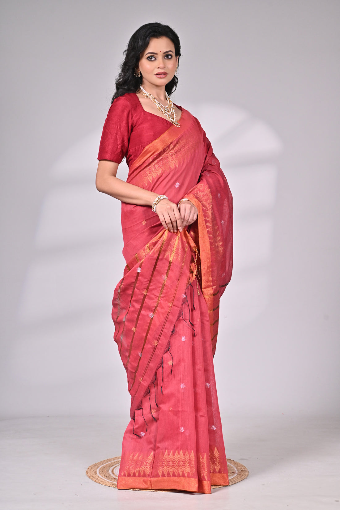 Deep Rose Cotton Silk Saree with Golden Border