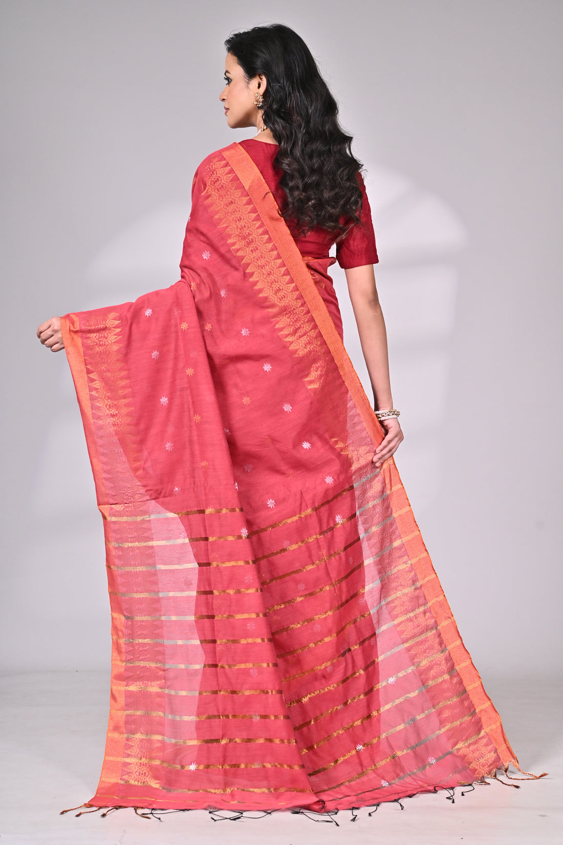 Deep Rose Cotton Silk Saree with Golden Border