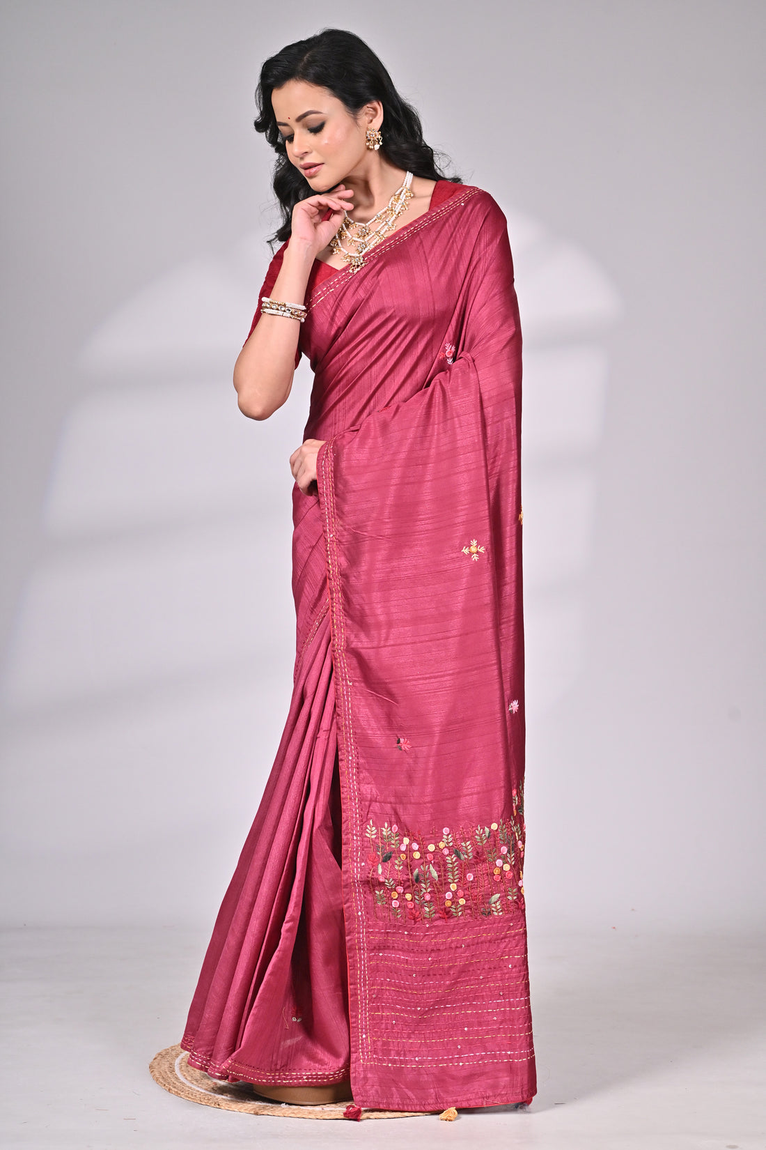Wine Tussar Silk Blend Saree with Hand Embroidery