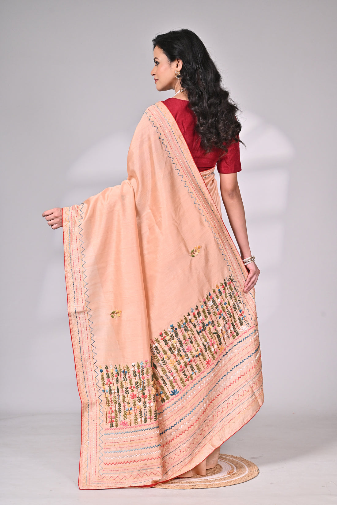 Peach Semi Tussar Saree with Hand Embroidery