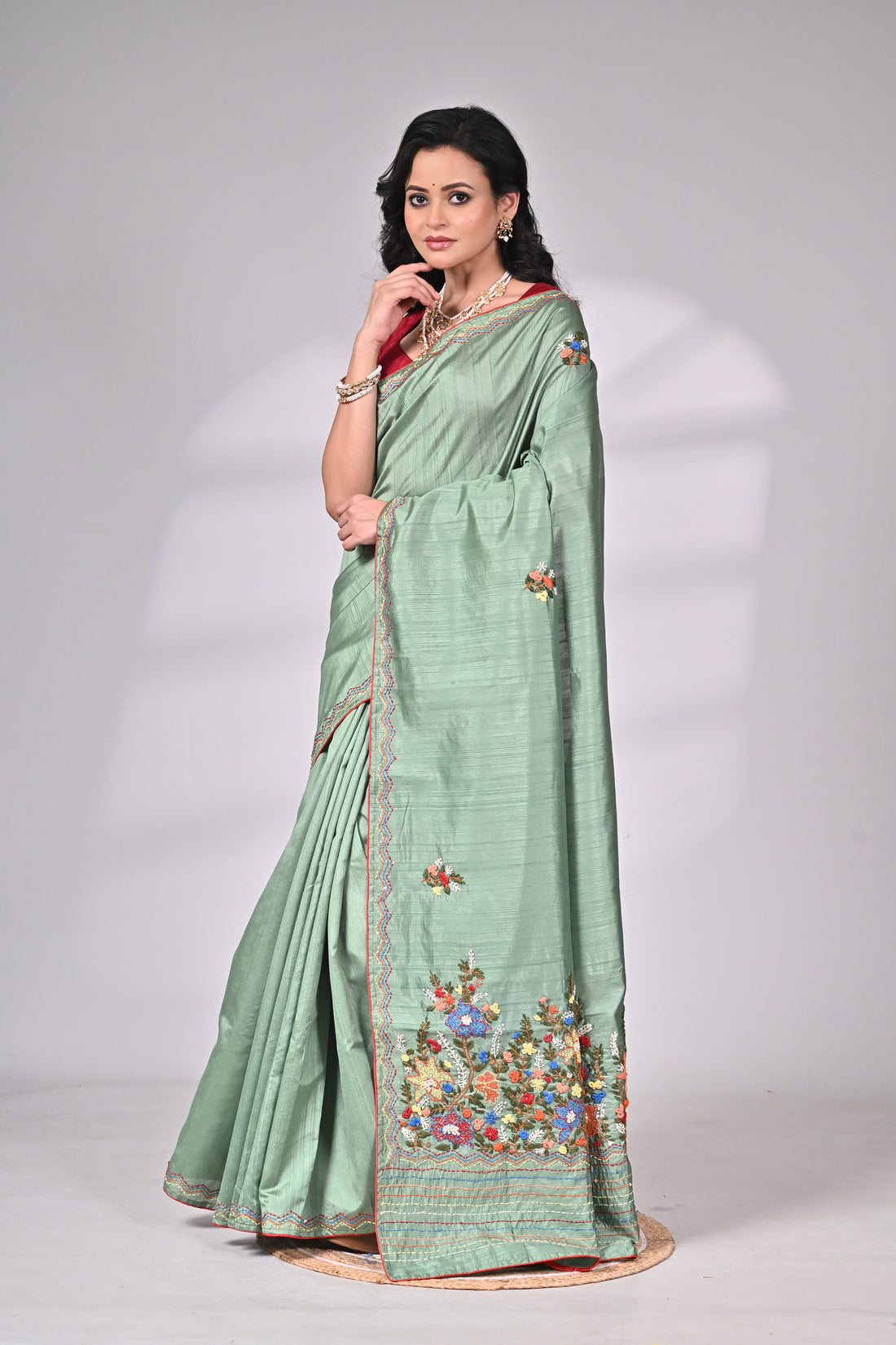 Sea Green Semi Tussar Saree with Hand Embroidery