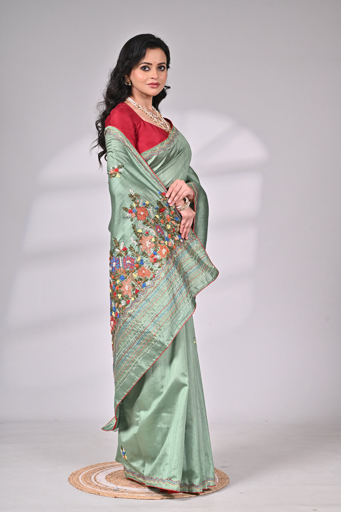 Sea Green Semi Tussar Saree with Hand Embroidery