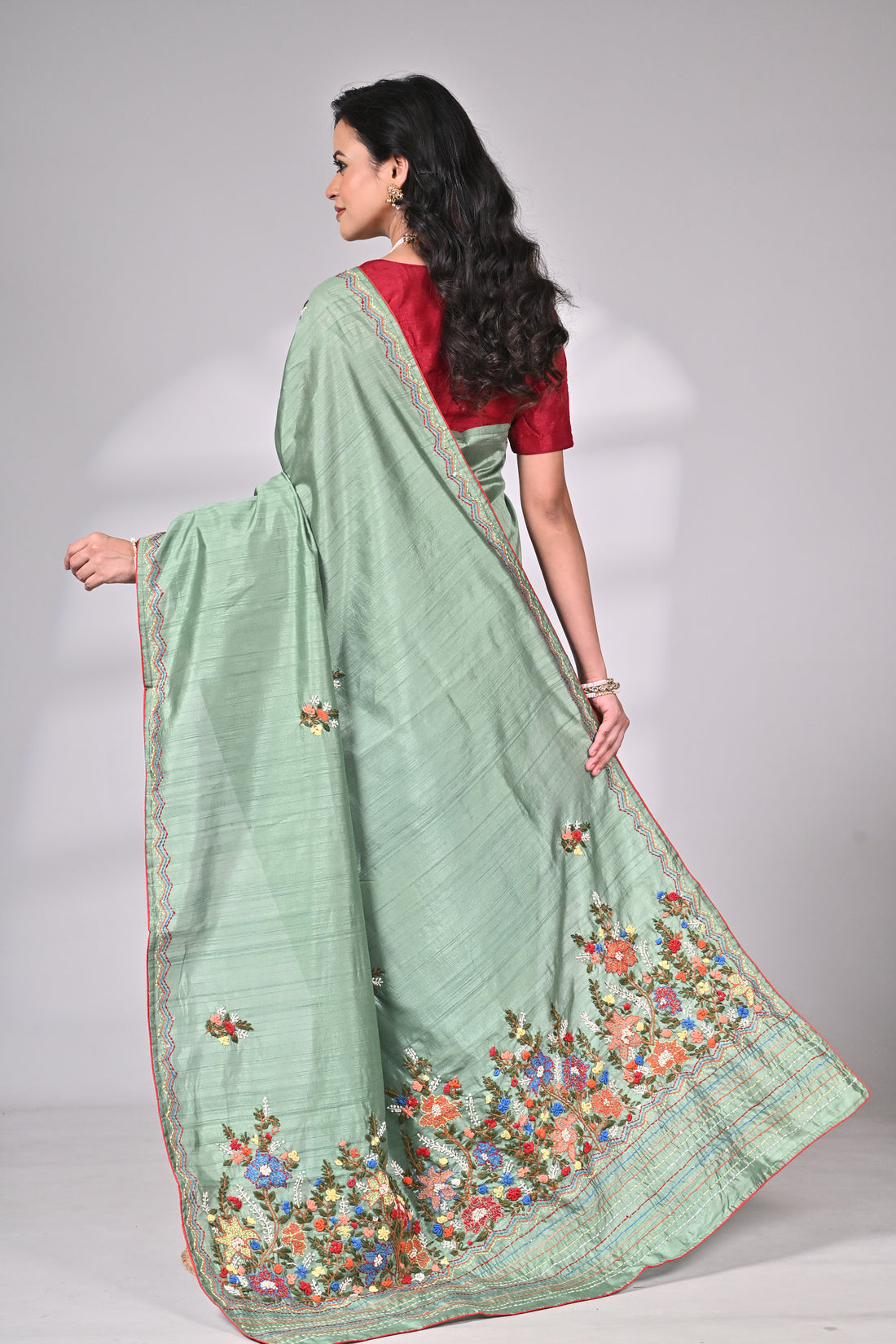 Sea Green Semi Tussar Saree with Hand Embroidery