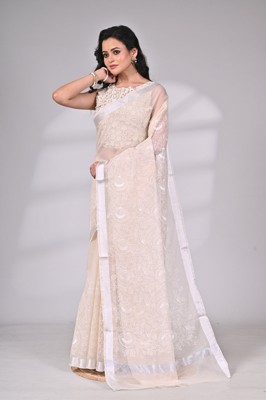 Ivory White Kota Pichwai Saree with Intricate Thread Embroidery