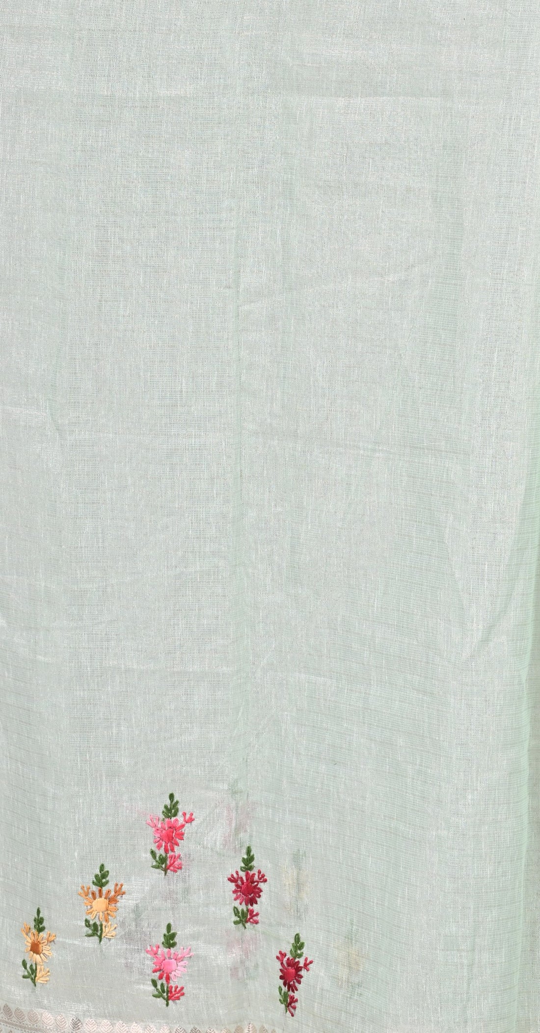 Mint Green Handloom Kota Saree with Colorful Embroidery and Silver Zari Border