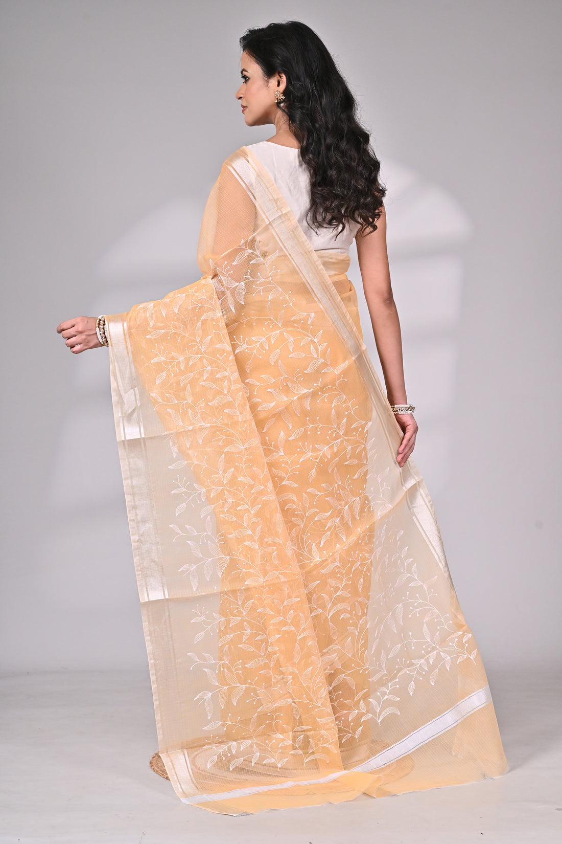 Peach Kota Doria Saree with White Thread Embroidery