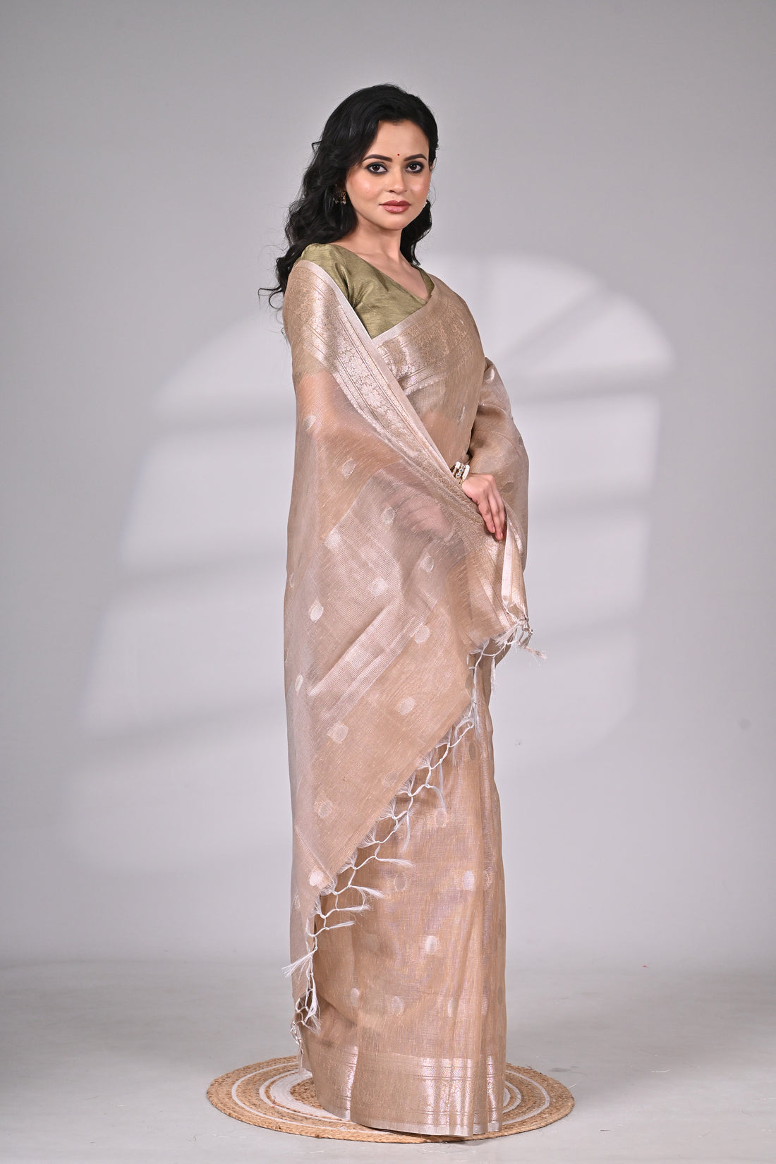 Beige Linen Tissue Saree with Subtle Silver Zari Accents